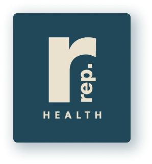 a logo representation of rep health dark green color.