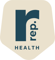 a logo representation of rep health sand color.